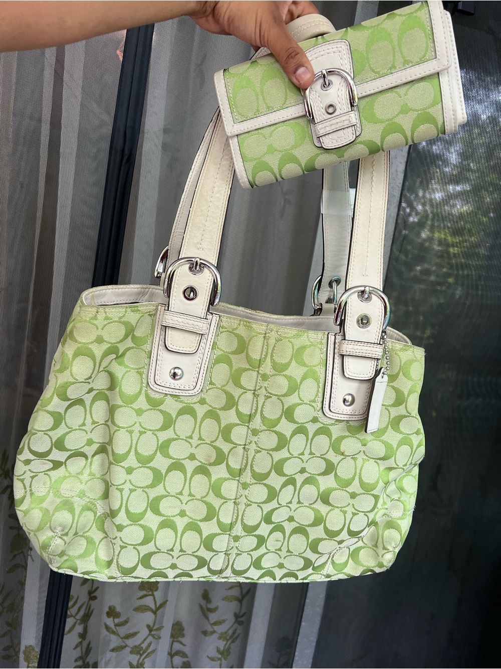 Coach y2k Green Signature Logo Tote with Matching Wallet